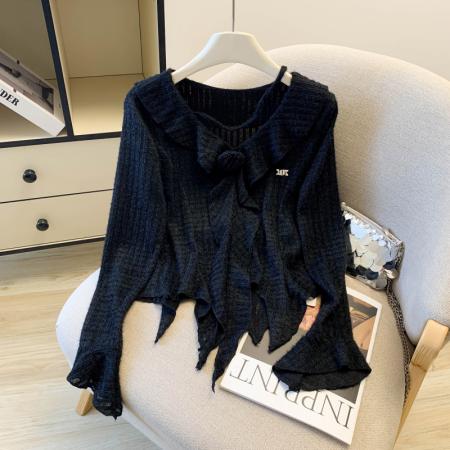 FA55628# 春季新款V领荷叶边立体玫瑰气质不规则喇叭袖蕾丝衫女  服裝批發女裝批發服飾貨源