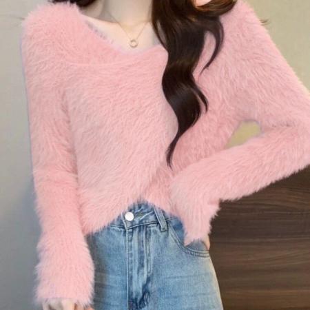 FA55629# 仿貂洗水交叉短款针织打底衫女内搭修身毛衣新款秋冬上衣  服裝批發女裝批發服飾貨源