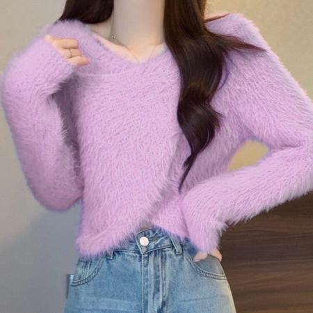 FA55629# 仿貂洗水交叉短款针织打底衫女内搭修身毛衣新款秋冬上衣  服裝批發女裝批發服飾貨源