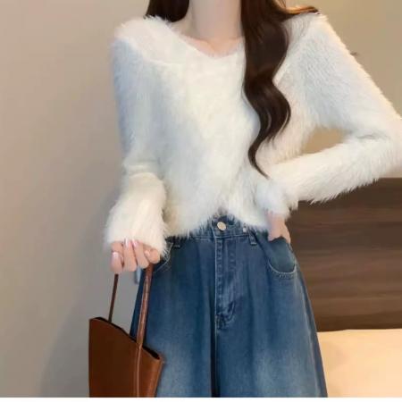 FA55629# 仿貂洗水交叉短款针织打底衫女内搭修身毛衣新款秋冬上衣  服裝批發女裝批發服飾貨源