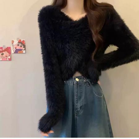 FA55629# 仿貂洗水交叉短款针织打底衫女内搭修身毛衣新款秋冬上衣  服裝批發女裝批發服飾貨源