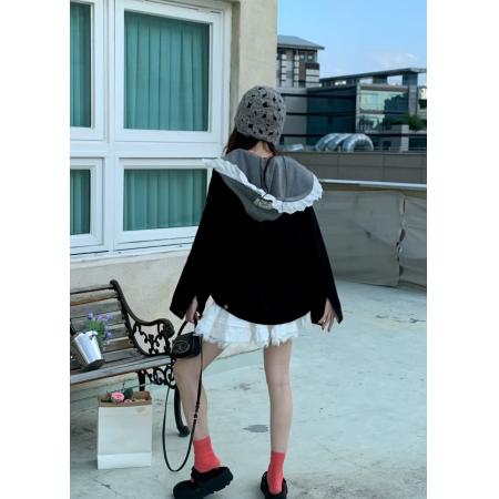 FA55634# INS韩国东大门秋季拼接蕾丝花边可拆卸连帽牛仔外套大衣  服裝批發女裝批發服飾貨源