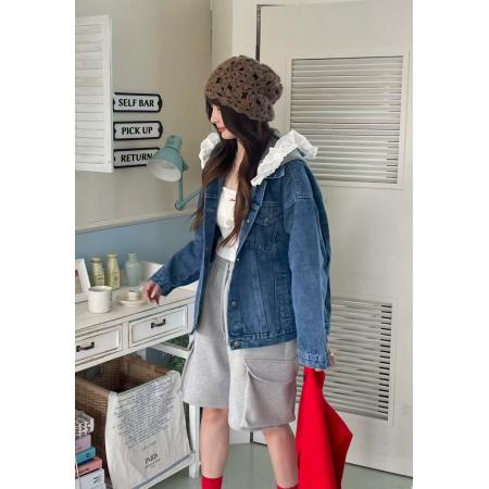 FA55634# INS韩国东大门秋季拼接蕾丝花边可拆卸连帽牛仔外套大衣  服裝批發女裝批發服飾貨源