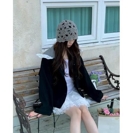 FA55634# INS韩国东大门秋季拼接蕾丝花边可拆卸连帽牛仔外套大衣  服裝批發女裝批發服飾貨源