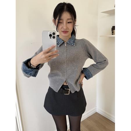 FA55635# chic韩国东大门春季新款牛仔拼接翻领拉链针织开衫毛衣外套  服裝批發女裝批發服飾貨源