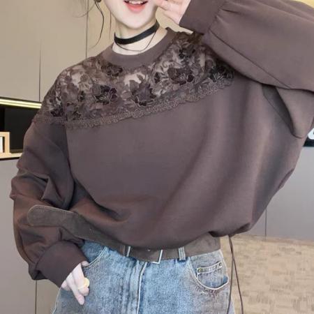 FA55636# 卫衣女秋季新款欧洲站时尚纯色蕾丝钩花镂空圆领套头长袖上衣  服裝批發女裝批發服飾貨源