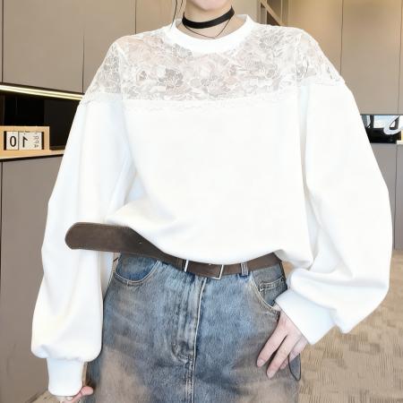 FA55636# 卫衣女秋季新款欧洲站时尚纯色蕾丝钩花镂空圆领套头长袖上衣  服裝批發女裝批發服飾貨源