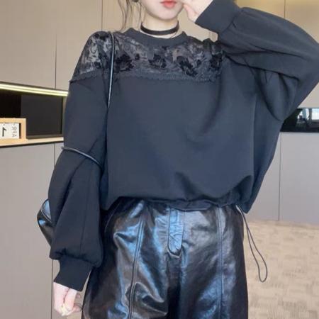 FA55636# 卫衣女秋季新款欧洲站时尚纯色蕾丝钩花镂空圆领套头长袖上衣  服裝批發女裝批發服飾貨源