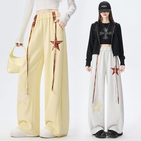 FA55637# 五角星刺绣运动裤女春季新款高腰直筒宽松休闲裤阔腿卫裤  服裝批發女裝批發服飾貨源