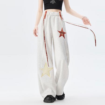 FA55637# 五角星刺绣运动裤女春季新款高腰直筒宽松休闲裤阔腿卫裤  服裝批發女裝批發服飾貨源