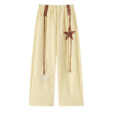 FA55637# 五角星刺绣运动裤女春季新款高腰直筒宽松休闲裤阔腿卫裤  服裝批發女裝批發服飾貨源