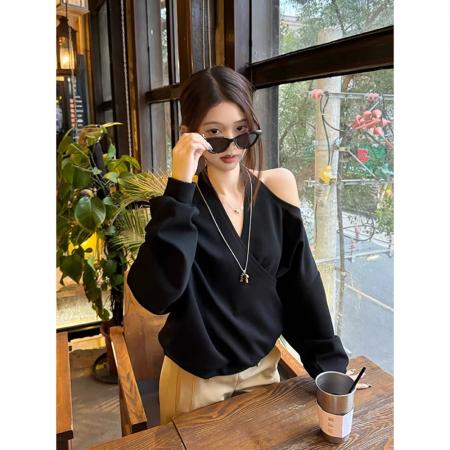 FA55638# +原版质量挂脖V领露肩长袖卫衣百搭休闲上衣潮  服裝批發女裝批發服飾貨源
