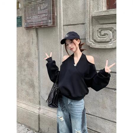 FA55638# +原版质量挂脖V领露肩长袖卫衣百搭休闲上衣潮  服裝批發女裝批發服飾貨源