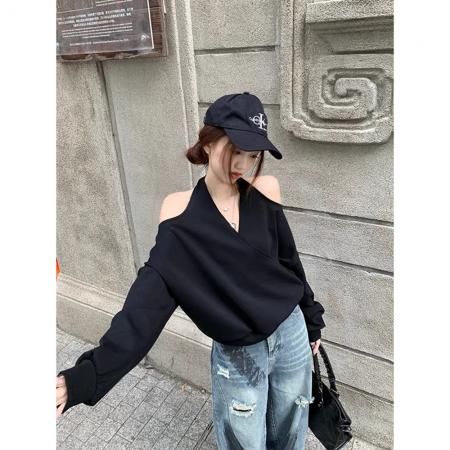 FA55638# +原版质量挂脖V领露肩长袖卫衣百搭休闲上衣潮  服裝批發女裝批發服飾貨源