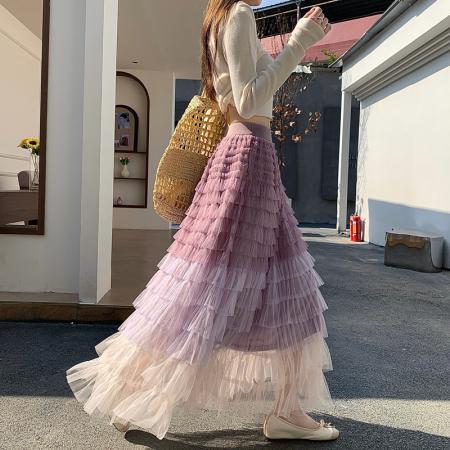 FA55644# 春夏长款仙气重工网纱蛋糕裙半身裙女设计感小众显瘦大摆长裙  服裝批發女裝批發服飾貨源