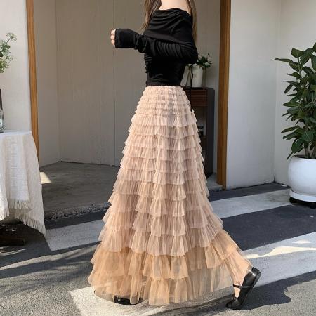 FA55644# 春夏长款仙气重工网纱蛋糕裙半身裙女设计感小众显瘦大摆长裙  服裝批發女裝批發服飾貨源