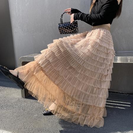 FA55644# 春夏长款仙气重工网纱蛋糕裙半身裙女设计感小众显瘦大摆长裙  服裝批發女裝批發服飾貨源