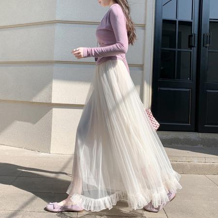 FA55646# 春季新款纱裙网纱半身裙垂坠感a字高腰长裙大摆蓬蓬裙子  服裝批發女裝批發服飾貨源