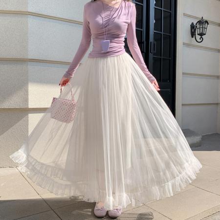 FA55646# 春季新款纱裙网纱半身裙垂坠感a字高腰长裙大摆蓬蓬裙子  服裝批發女裝批發服飾貨源