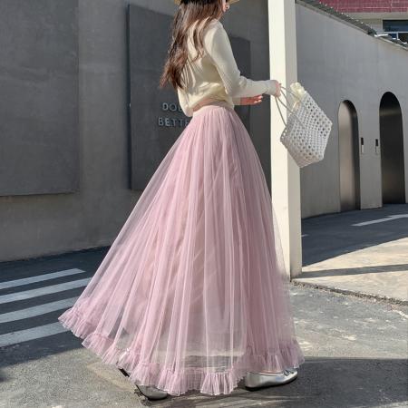 FA55646# 春季新款纱裙网纱半身裙垂坠感a字高腰长裙大摆蓬蓬裙子  服裝批發女裝批發服飾貨源