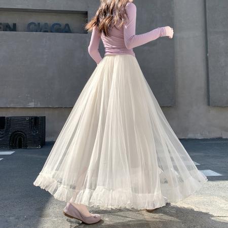 FA55646# 春季新款纱裙网纱半身裙垂坠感a字高腰长裙大摆蓬蓬裙子  服裝批發女裝批發服飾貨源