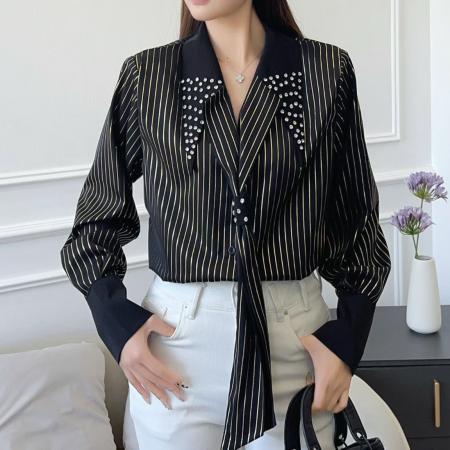 FA55647# 春秋新款条纹镶钻领带轻奢长袖衬衫复古气质西服欧货上衣  服裝批發女裝批發服飾貨源