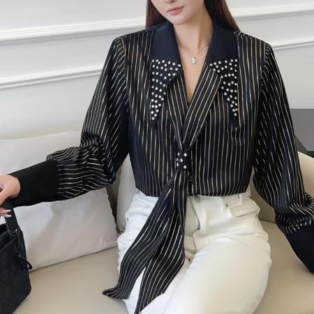 FA55647# 春秋新款条纹镶钻领带轻奢长袖衬衫复古气质西服欧货上衣  服裝批發女裝批發服飾貨源