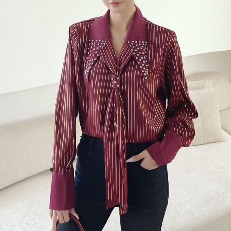 FA55647# 春秋新款条纹镶钻领带轻奢长袖衬衫复古气质西服欧货上衣  服裝批發女裝批發服飾貨源