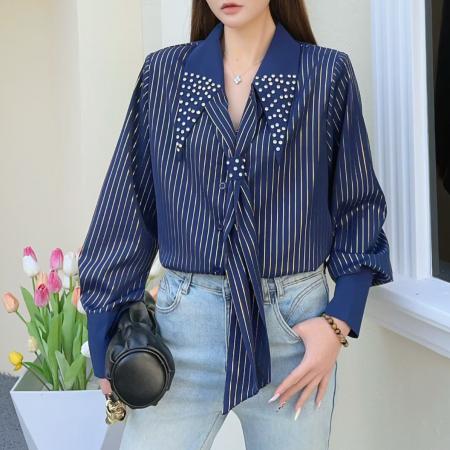 FA55647# 春秋新款条纹镶钻领带轻奢长袖衬衫复古气质西服欧货上衣  服裝批發女裝批發服飾貨源