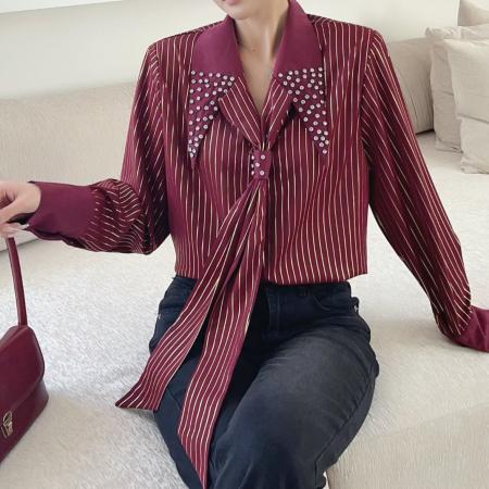 FA55647# 春秋新款条纹镶钻领带轻奢长袖衬衫复古气质西服欧货上衣  服裝批發女裝批發服飾貨源