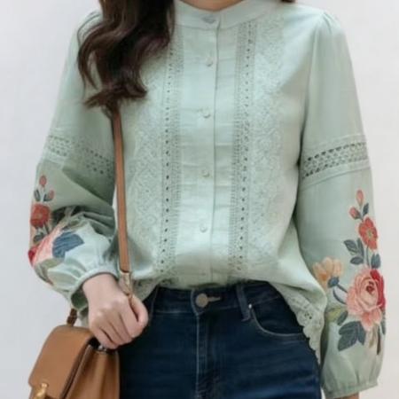 FA55648# 报单有货洋气刺绣花朵蕾丝衬衫装开衫春秋气质显瘦灯笼袖衬衣  服裝批發女裝批發服飾貨源