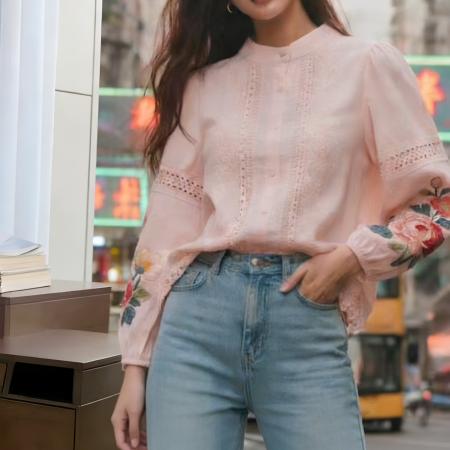 FA55648# 报单有货洋气刺绣花朵蕾丝衬衫装开衫春秋气质显瘦灯笼袖衬衣  服裝批發女裝批發服飾貨源