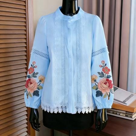 FA55648# 报单有货洋气刺绣花朵蕾丝衬衫装开衫春秋气质显瘦灯笼袖衬衣  服裝批發女裝批發服飾貨源