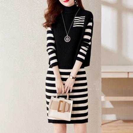 FA55649# 秋季针织连衣裙小香风套装裙套头条纹毛衣打底裙两件套  服裝批發女裝批發服飾貨源