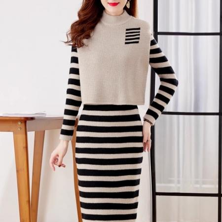 FA55649# 秋季针织连衣裙小香风套装裙套头条纹毛衣打底裙两件套  服裝批發女裝批發服飾貨源