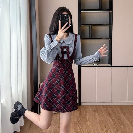 FA55650# 春季女装遮肚显瘦连衣裙学院风韩系氛围感格纹A字裙子  服裝批發女裝批發服飾貨源