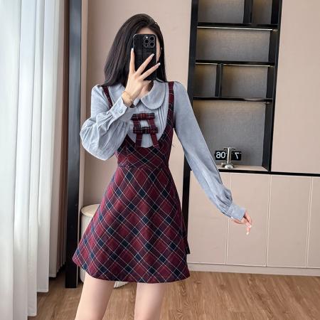 FA55650# 春季女装遮肚显瘦连衣裙学院风韩系氛围感格纹A字裙子  服裝批發女裝批發服飾貨源
