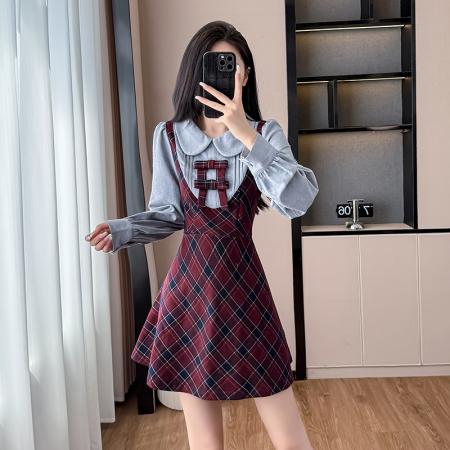 FA55650# 春季女装遮肚显瘦连衣裙学院风韩系氛围感格纹A字裙子  服裝批發女裝批發服飾貨源