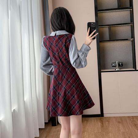 FA55650# 春季女装遮肚显瘦连衣裙学院风韩系氛围感格纹A字裙子  服裝批發女裝批發服飾貨源