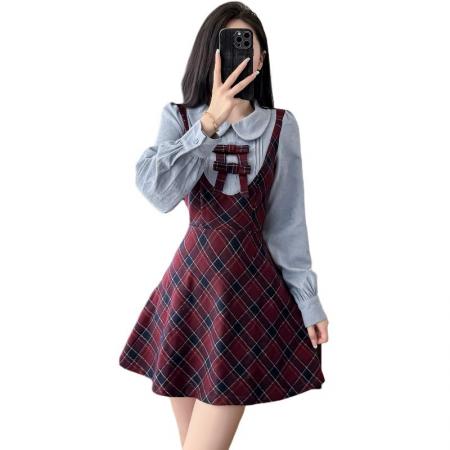 FA55650# 春季女装遮肚显瘦连衣裙学院风韩系氛围感格纹A字裙子  服裝批發女裝批發服飾貨源
