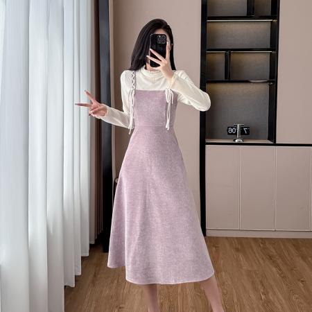 FA55651# 法式紫色拼接假两件连衣裙女春季温柔风打底a字内搭长裙  服裝批發女裝批發服飾貨源