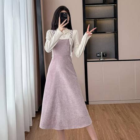 FA55651# 法式紫色拼接假两件连衣裙女春季温柔风打底a字内搭长裙  服裝批發女裝批發服飾貨源
