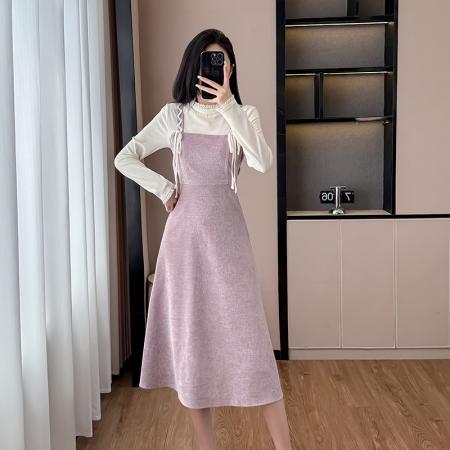 FA55651# 法式紫色拼接假两件连衣裙女春季温柔风打底a字内搭长裙  服裝批發女裝批發服飾貨源