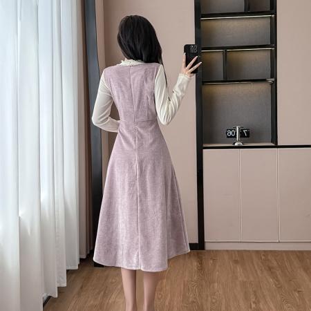 FA55651# 法式紫色拼接假两件连衣裙女春季温柔风打底a字内搭长裙  服裝批發女裝批發服飾貨源