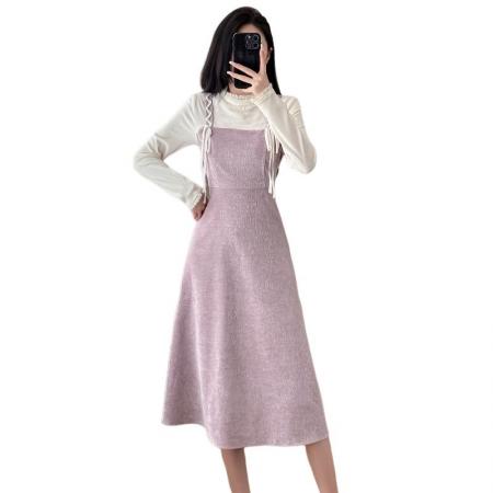 FA55651# 法式紫色拼接假两件连衣裙女春季温柔风打底a字内搭长裙  服裝批發女裝批發服飾貨源