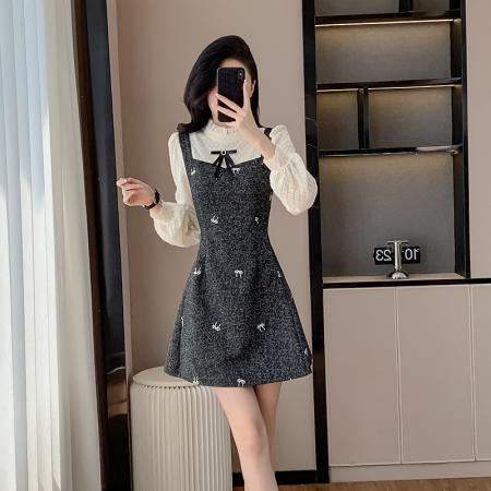 FA55652# 小香风气质甜美假两件连衣裙女春秋季高级感法式收腰a字裙子  服裝批發女裝批發服飾貨源