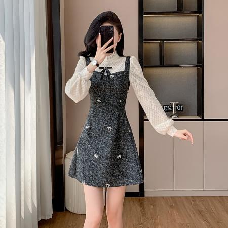 FA55652# 小香风气质甜美假两件连衣裙女春秋季高级感法式收腰a字裙子  服裝批發女裝批發服飾貨源