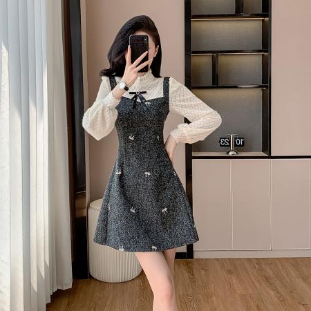 FA55652# 小香风气质甜美假两件连衣裙女春秋季高级感法式收腰a字裙子  服裝批發女裝批發服飾貨源