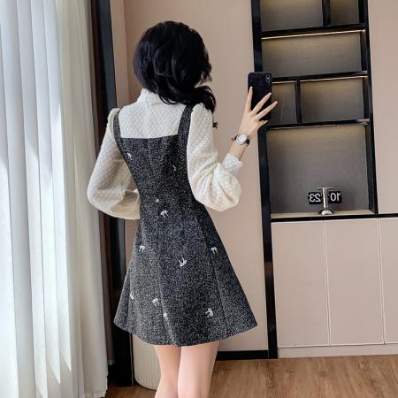 FA55652# 小香风气质甜美假两件连衣裙女春秋季高级感法式收腰a字裙子  服裝批發女裝批發服飾貨源