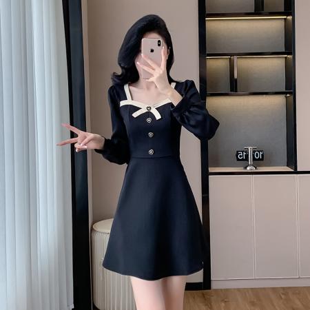 FA55653# 法式春季新款连衣裙高级感长袖方领黑色a字小香风短裙子  服裝批發女裝批發服飾貨源